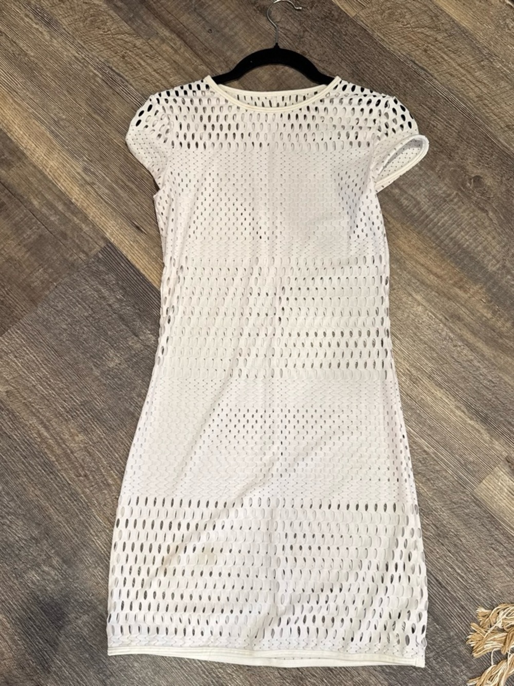 ALO Yoga White Open-Knit Short Sleeve Mini Dress